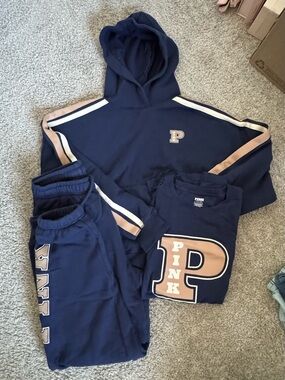 PINK Victoria's Secret Navy & Tan Hoodie, Tee & Joggers Set